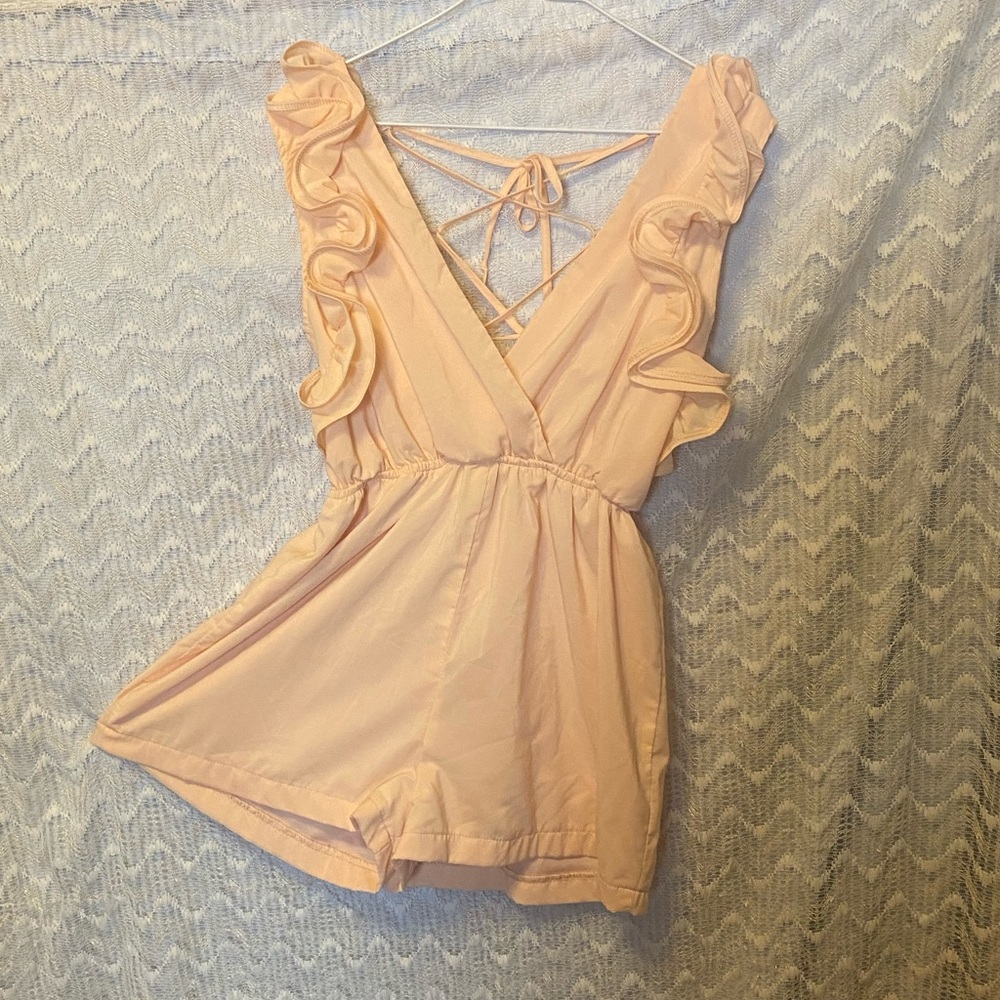 Backless Peach Romper with Ruffles Medium